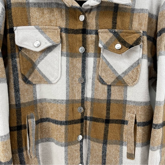 No Brand Womens Button Up Shacket Jacket Camel Tan Plaid L - Picture 3 of 7